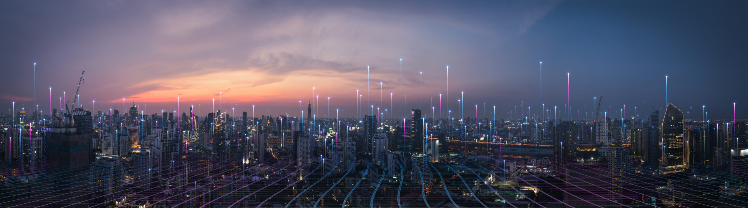 Smart city dot point connect with gradient line, connection technology concept. Night city banner.