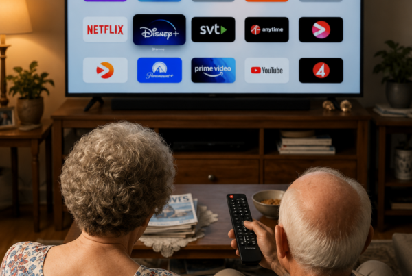 Two older adults using a remote to watch streaming apps on an Smart TV
