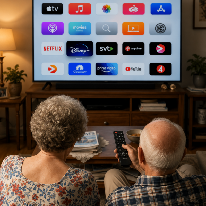 Two older adults using a remote to watch streaming apps on an Smart TV