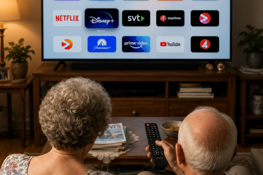 Two older adults using a remote to watch streaming apps on an Smart TV