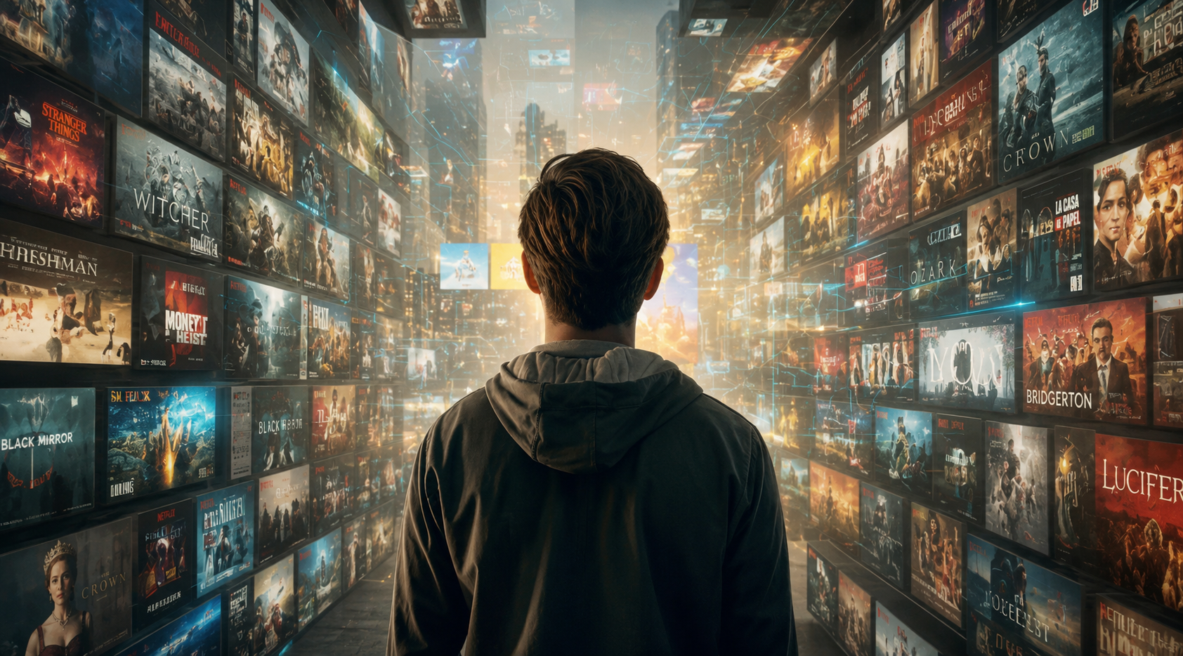 Person standing in a futuristic digital media tunnel surrounded by streaming content and glowing entertainment screens, with warm cinematic lighting and a modern, immersive atmosphere