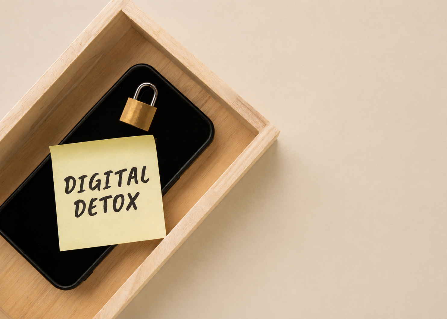 Smartphone in a wooden tray with a digital detox reminder note