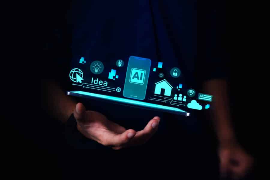 Smart home system and Artificial Intelligence concept. hologram