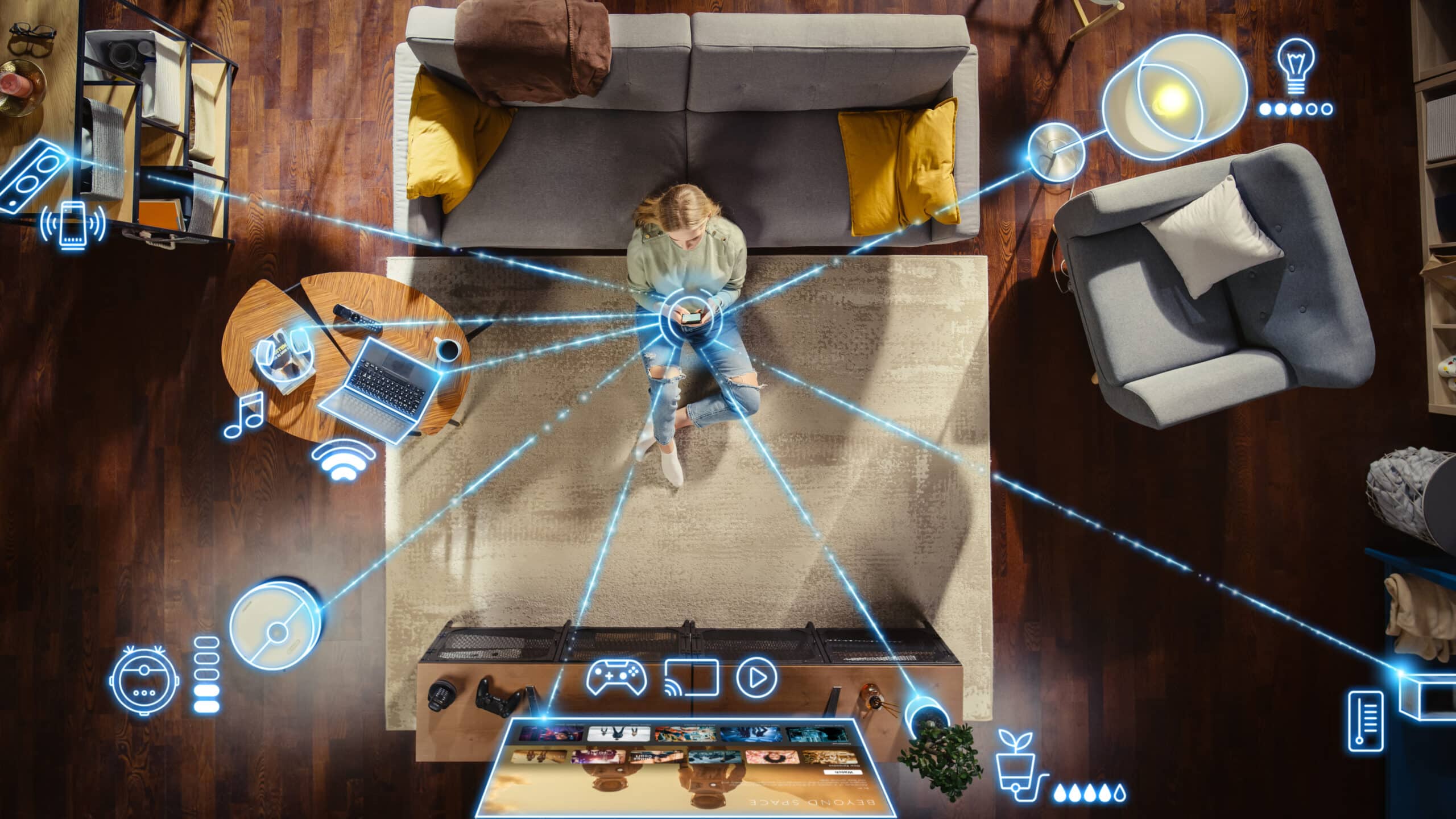 Top View Of Woman In her Apartment Sitting On the couch using her AI device