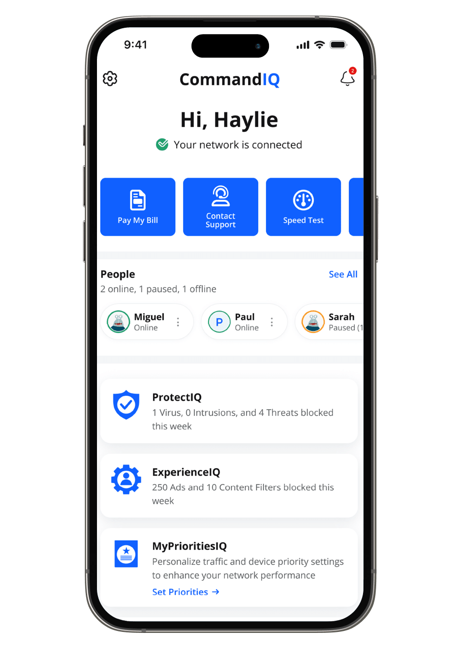CommandIQ homepage on smartphone displaying new ProtectIQ, ExperienceIQ and MyPrioritiesIQ features