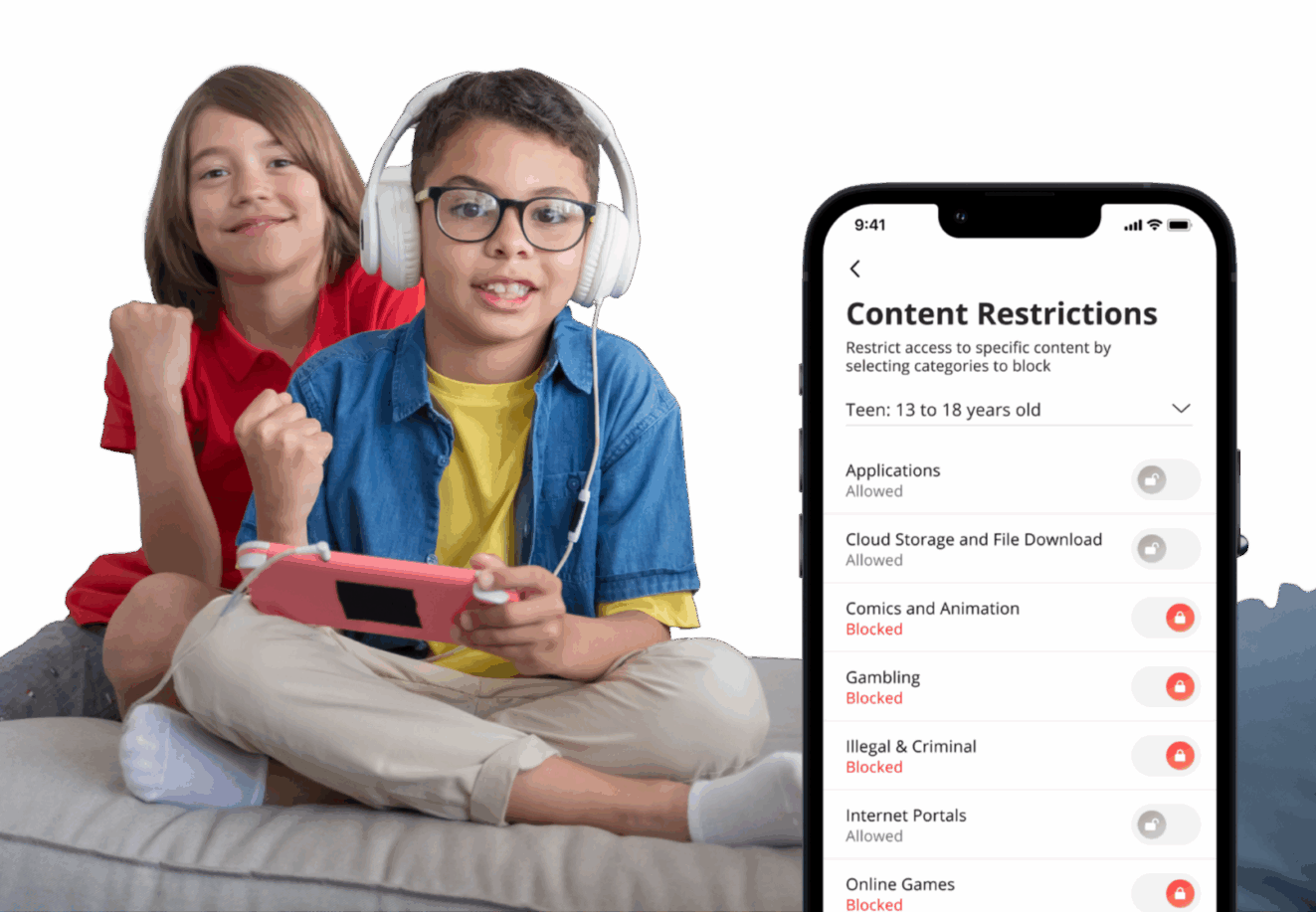 Children playing video games while wearing headphones, with a smartphone screen showing content restrictions enabled.