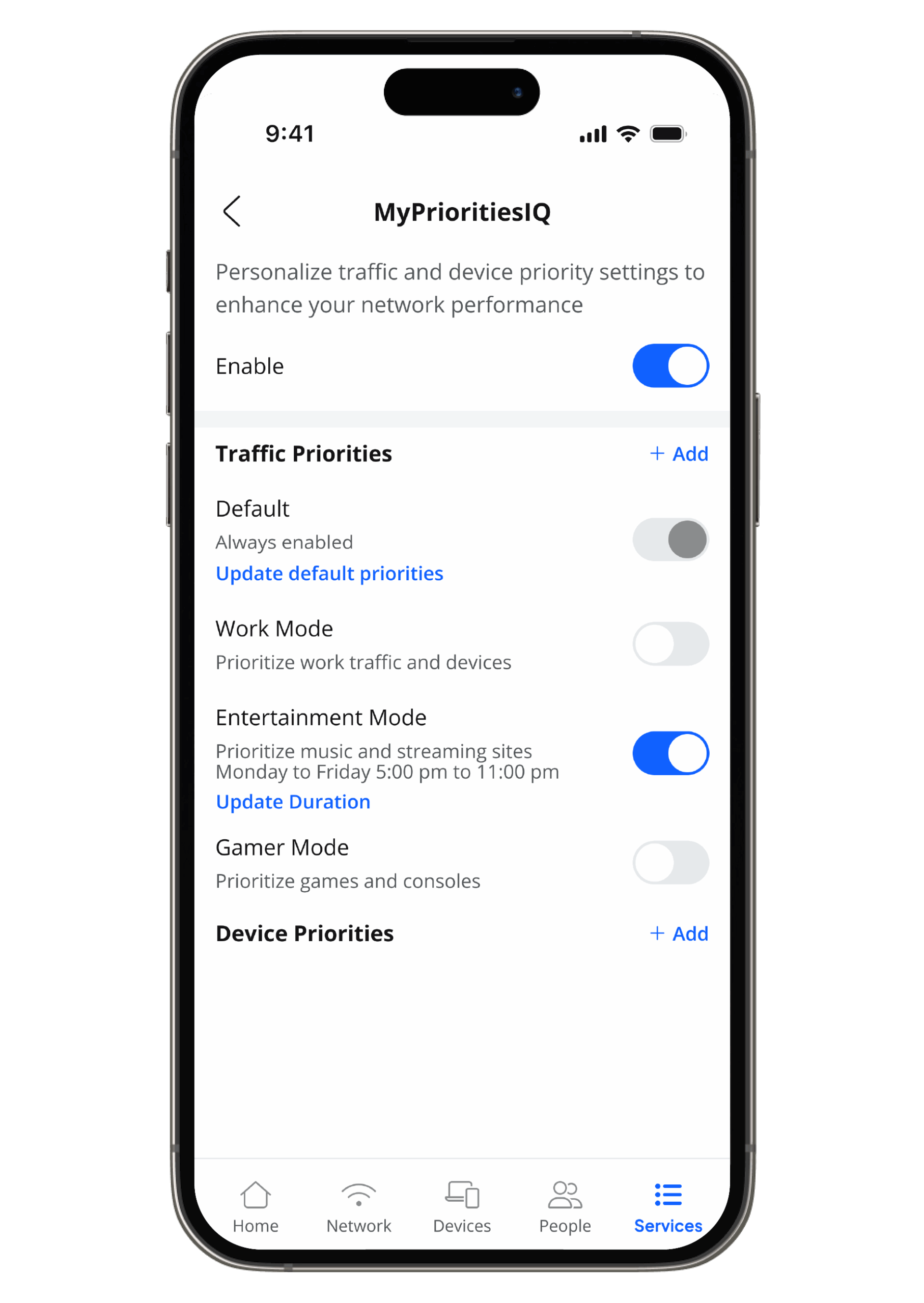 My Priorities settings and features are displayed on a smartphone screen