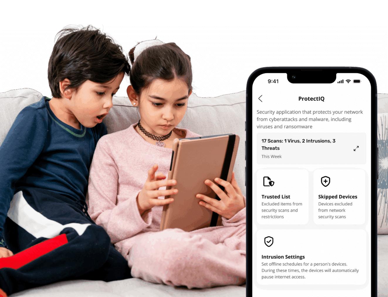 Kids using a tablet as a smartphone show the ProtectIQ feature for managing content restrictions.
