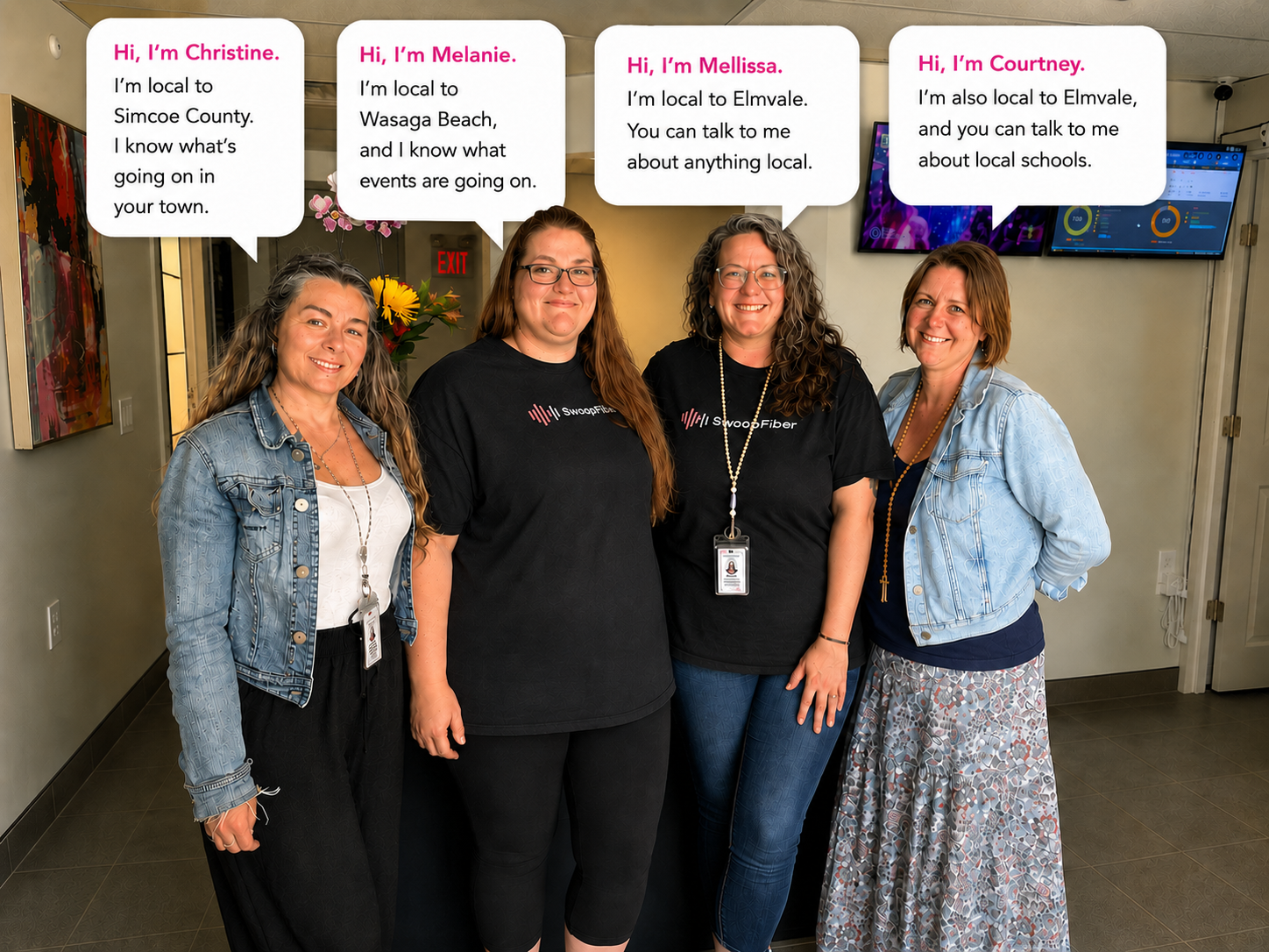 Four Swoopfiber staff standing together in the storefront smiling