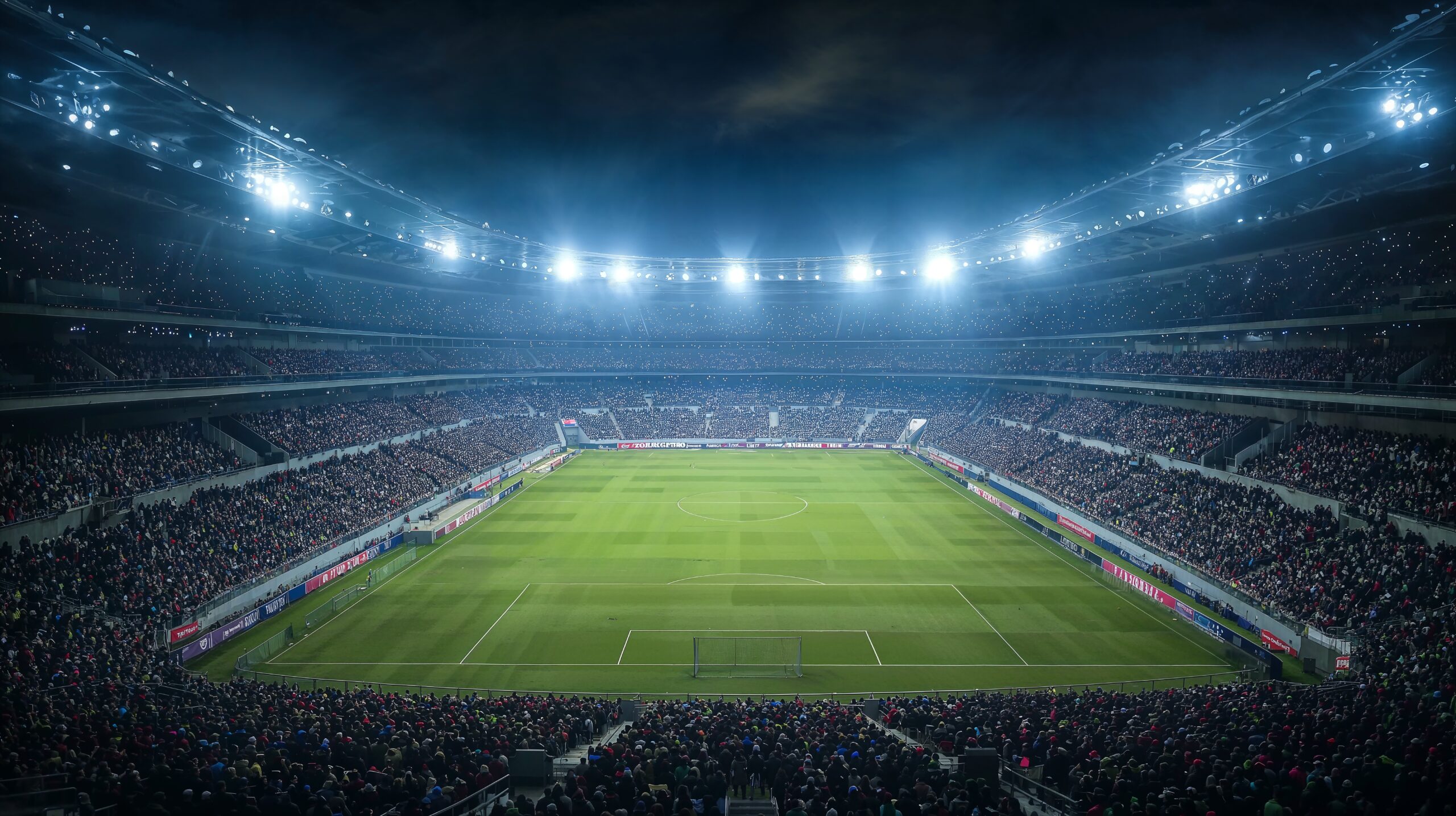 Soccer stadium at night with bright floodlights on green pitch and a large crowd during a major sports event.