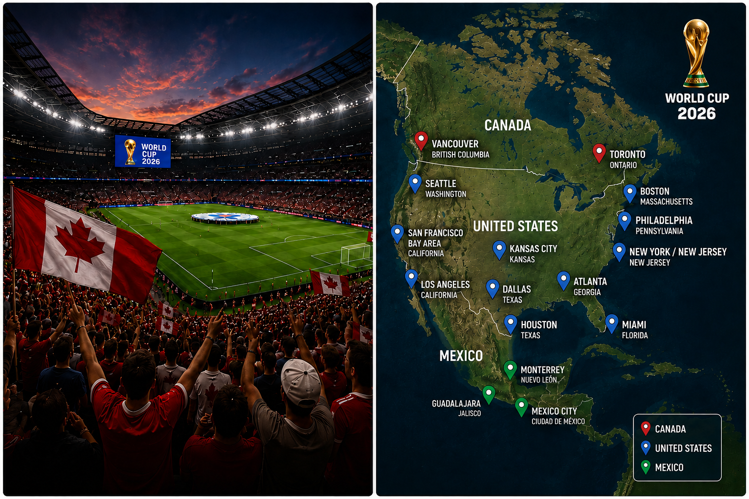 Canadian fans at 2026 World Cup stadium and 2026 World Cup host cities map across Canada, USA and Mexico