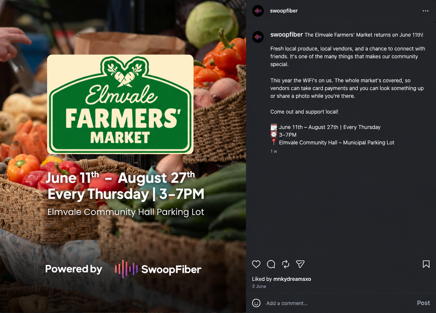 Elmvale Farmers' Market promotional graphic sponsored by SwoopFiber Instragram page