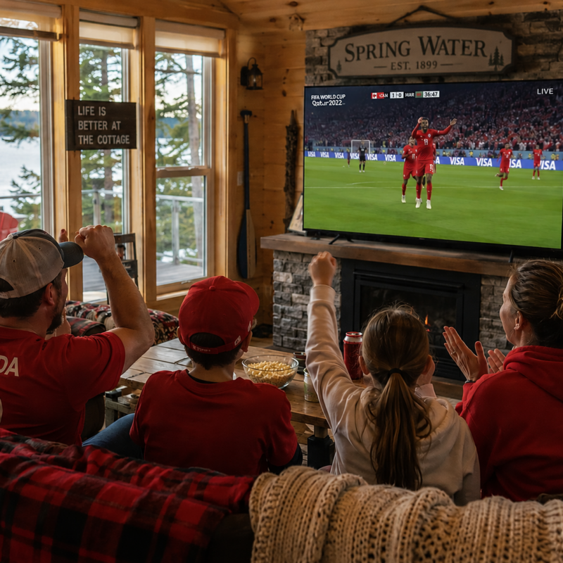 Family watching the FIFA World Cup in their cottage living room in Springwater ontario