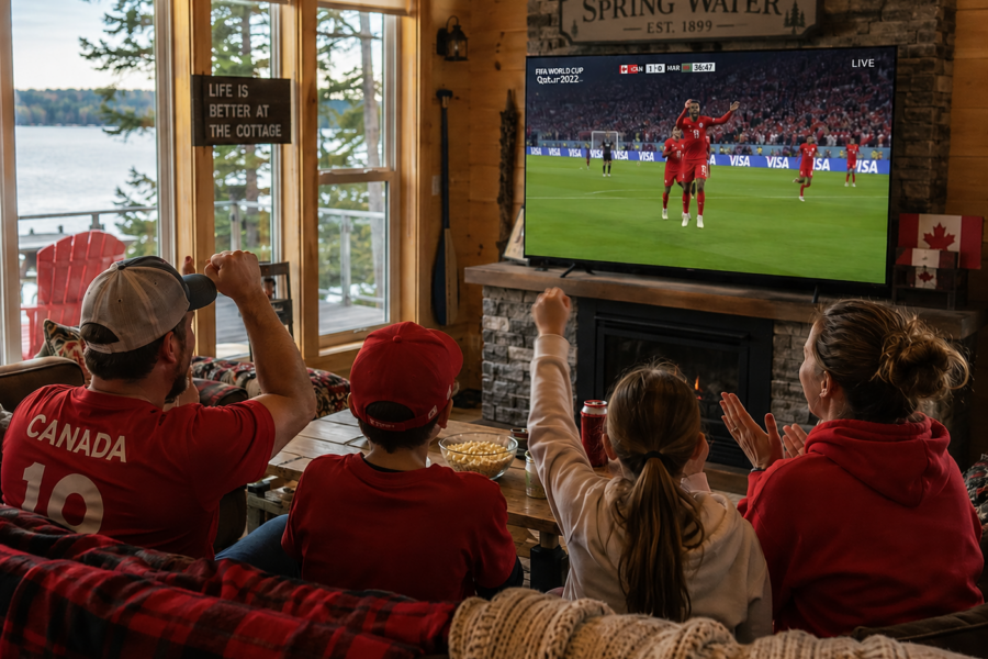 Family watching the FIFA World Cup in their cottage living room in Springwater ontario