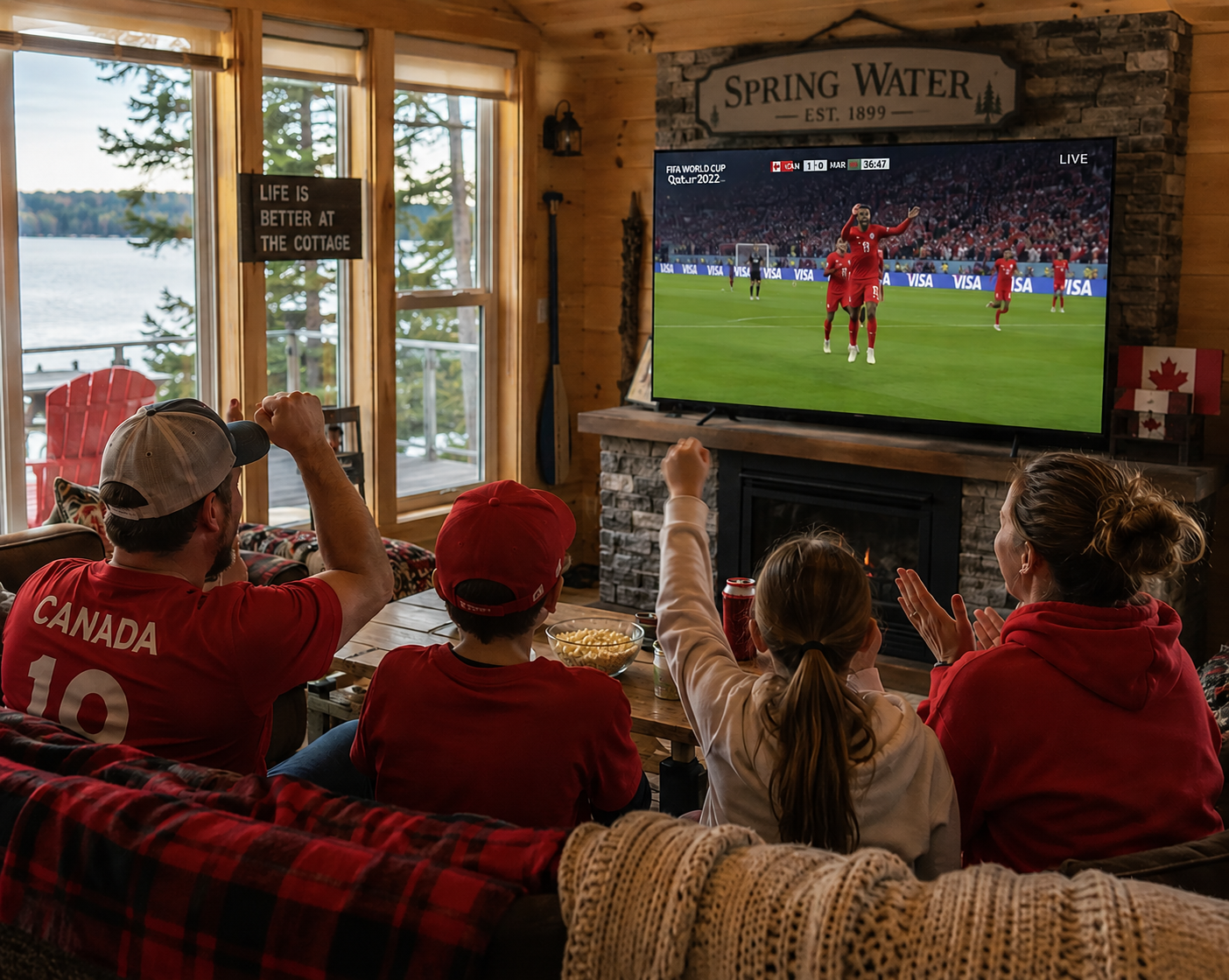 Family watching the FIFA World Cup in their cottage living room in Springwater ontario