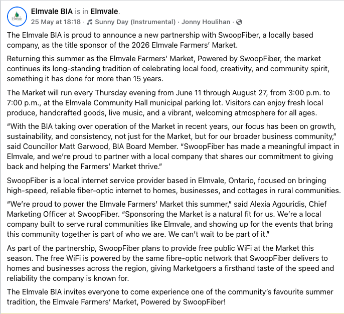 Councillor Matt Garwood discussing SwoopFiber's support of the Elmvale Farmers' Market